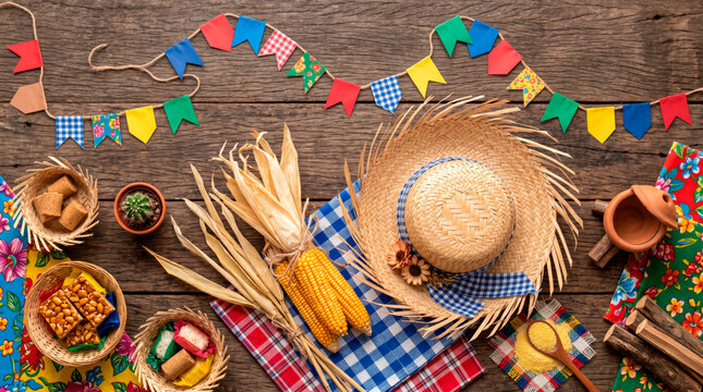 Rustic Celebration with Banners Straw Hat Corn and Traditional Sweets on Wood Background - Festa Junina