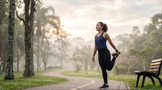 Fit woman stretching quadriceps on a park path enjoying a fresh morning workout outdoors