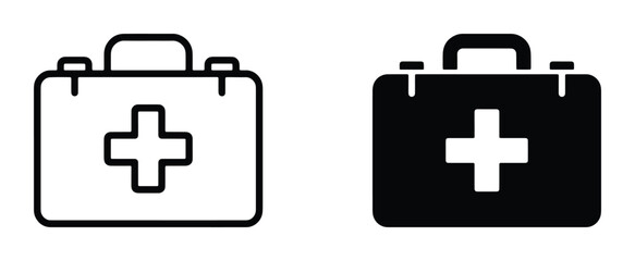 Obraz premium Medical first aid kit icons, black outline and solid silhouette emergency bag vectors, healthcare equipment symbols for hospital and safety apps