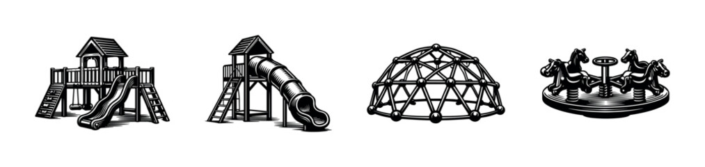 Children playground equipment illustrations, slide, merry-go-round, climbing dome, black and white vector © UnIcons