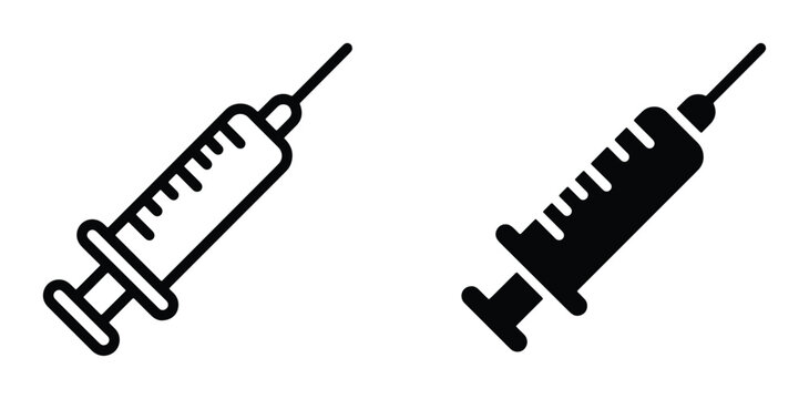 Medical syringe icons in outline and solid styles, hypodermic needle vector set, healthcare injection symbols for vaccination and clinical treatment