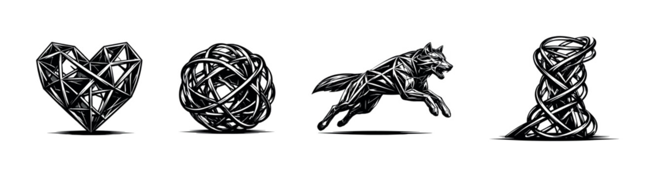 Geometric black and white animal and shape designs featuring wolf heart sphere dna silhouette vector elements