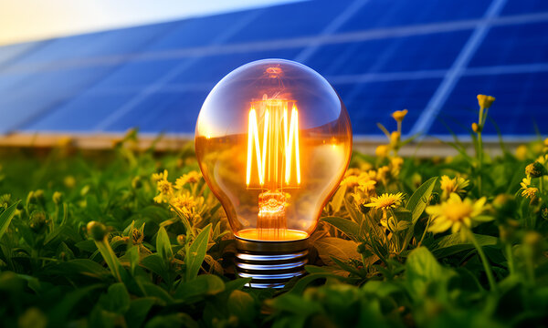 Glowing light bulb in green field with solar panels representing sustainable renewable energy and innovation