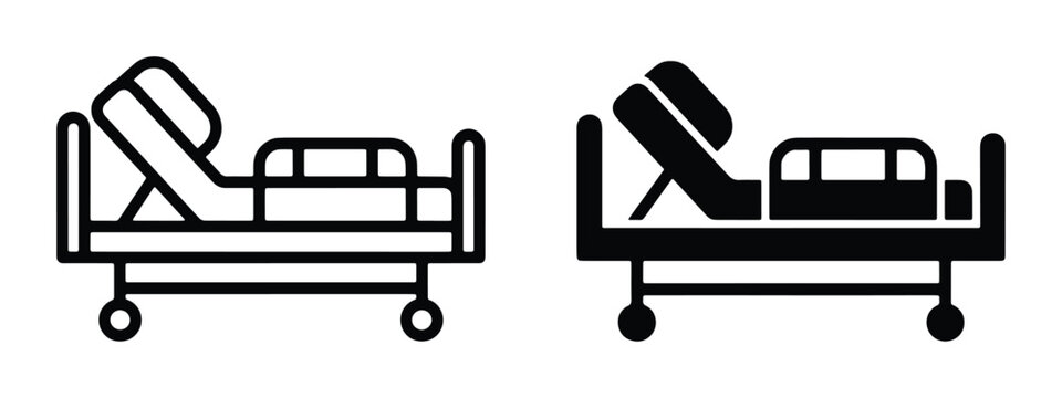 Medical hospital bed icons set, adjustable patient clinic bed vector illustrations, black line and solid silhouette healthcare equipment symbols