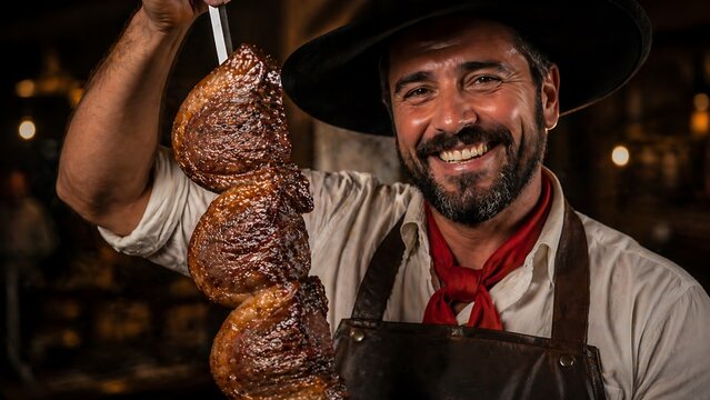 A smiling gaucho wearing traditional clothing churrasqueiro proudly presents freshly grilled picanha on a skewer. Brazilian churrasco or brazilian bbq as known as brazililan barbecue