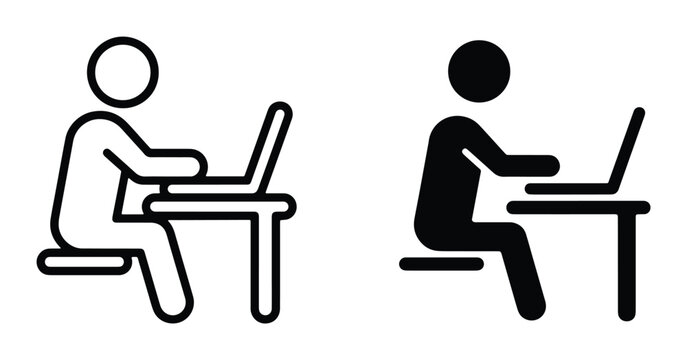 Minimalist person working on laptop icon set, black and white office worker silhouette at desk, remote work and freelance vector symbols