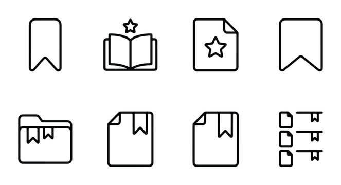 Minimalist bookmark icon set, 8 black line vector icons for reading and document organization, digital library and favorite folder symbols