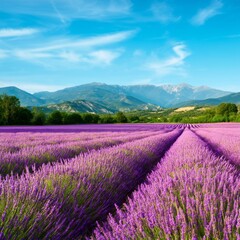 Fototapeta premium Lavender Field Under Blue Sky With Mountains in the Background During Day