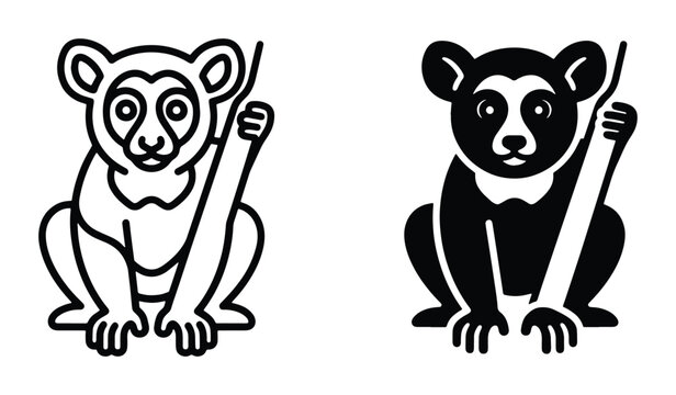 Minimalist lemur vector icons, black and white primate line art, stylized exotic animal mascot set, simple wildlife logo graphics for branding
