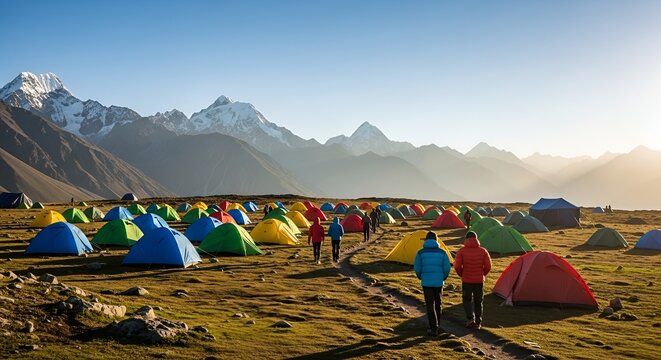 Mountain Camp: Colorful Tents and Hikers in Majestic Himalayan Landscape