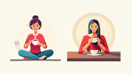 Obraz premium Two women enjoying hot beverages, one meditating and the other working at a desk, depicting relaxation and productivity
