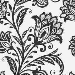 floral pattern vintage ethnic modern embroidery texture boho design illustration  flower motif branches leaves wallpaper seamless background border. © tubtim