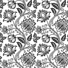 floral pattern vintage ethnic modern embroidery texture boho design illustration  flower motif branches leaves wallpaper seamless background border. © tubtim