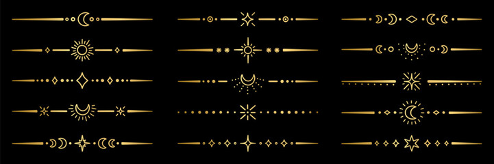 Golden line divider and separator with moon, magic stars and sun. Tarot gold frame and astrology celestial text border with mystical ornament. Vector illustration isolated on black background © AnyaLi