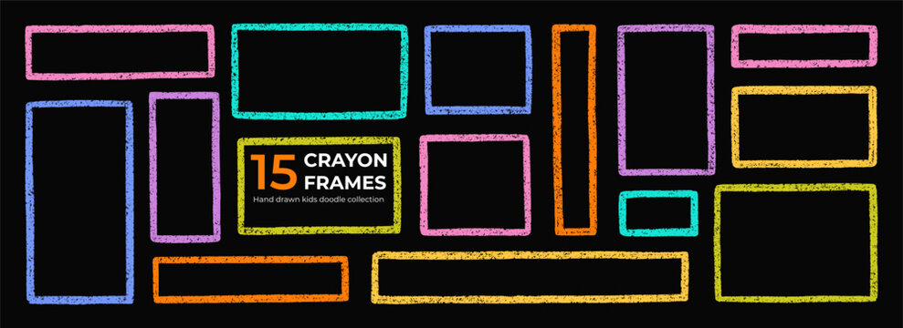 Frame chalk and crayon text box with grunge texture. kids color borders in sketch style, pencil rectangular and square shapes set. Hand drawn vector illustration isolated on black background