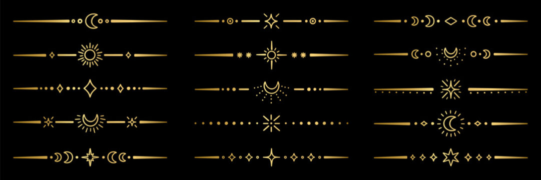 Golden line divider and separator with moon, magic stars and sun. Tarot gold frame and astrology celestial text border with mystical ornament. Vector illustration isolated on black background