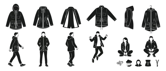 Parka Jacket Icons Vector Set, Hooded Raincoat Clothing Design Elements, Man Wearing Winter Outerwear in Various Poses, Flat Black Silhouette Graphic Collection for Fashion Apparel and Seasonal Appare © Fernando