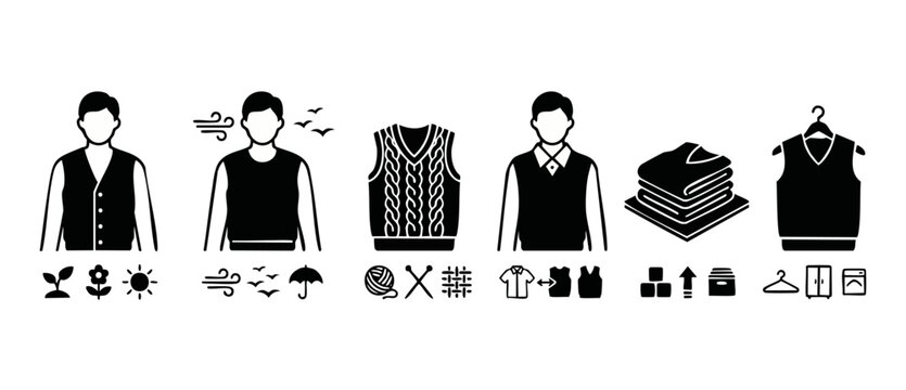 Vest Men Clothing Icon Set, Sleeveless Jacket Symbols, Sweater Vest Fashion Graphic, Formal and Casual Style Icons for Apparel, Layering Outfits, Wardrobe Management, Textile Industry and Tailoring Ve