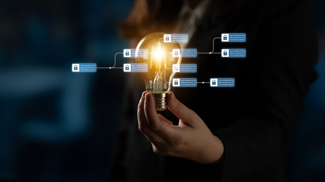 Blockchain structure showing distributed data blocks linked with encryption, representing secure transaction verification, decentralized control, and immutable record system Latch
