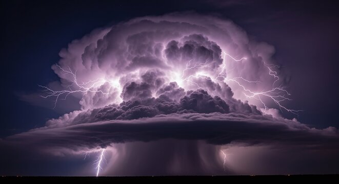 Dramatic thunderstorm with powerful lightning strikes illuminating a dark, turbulent sky.