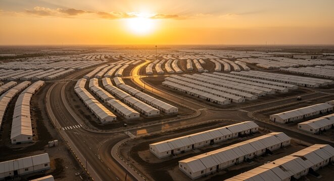 Aerial view of a vast temporary housing settlement at sunset, organized rows of shelters.