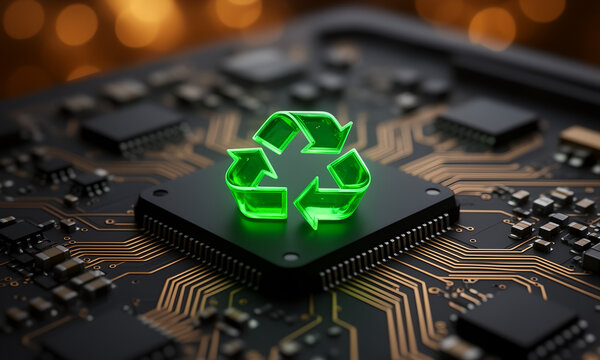 Glowing green recycling symbol on a computer microchip represents sustainable technology and electronic waste management
