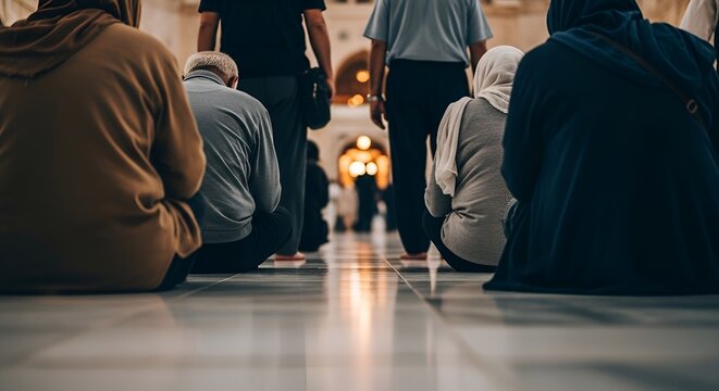Muslims praying in a mosque, rows of people kneeling on floor, spiritual gathering, serene atmosphere