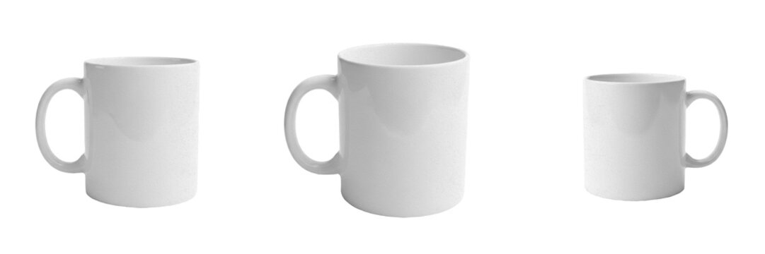 Set and collection of white ceramic coffee mug isolated on white transparent png background