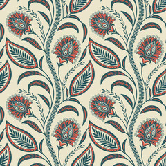 floral pattern vintage ethnic modern embroidery texture boho design illustration  flower motif branches leaves wallpaper seamless background border. © tubtim
