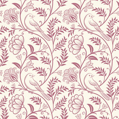 Fototapeta premium Floral seamless pattern with garden flowers design and bird for textile, batik pattern, or wedding invitation.