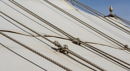 Obraz premium Close-up of large canvas tent fabric with ropes and knots under bright sunlight