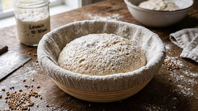 Close-up of artisan sourdough bread dough proofing in a flour-dusted banneton basket on a wooden table.