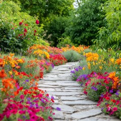 Fototapeta premium Colorful Flowers Line a Winding Path in a Garden During the Day in Summer