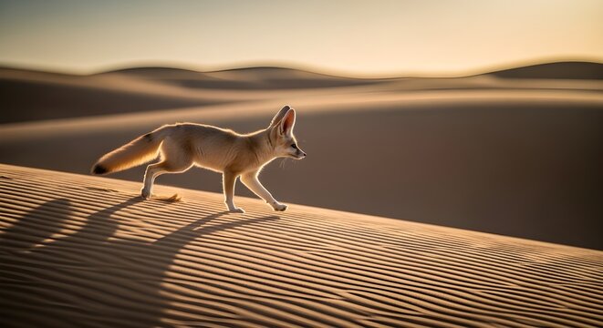 A fennec fox walking across desert sand casting a long shadow during golden hour