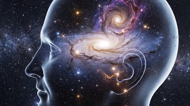 Explore universal mind galaxy within transparent human head in VSRExport animation