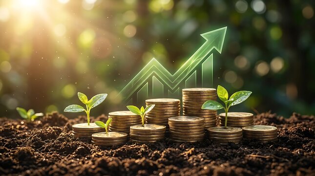 Money growing from soil with green upward trend arrow graphic