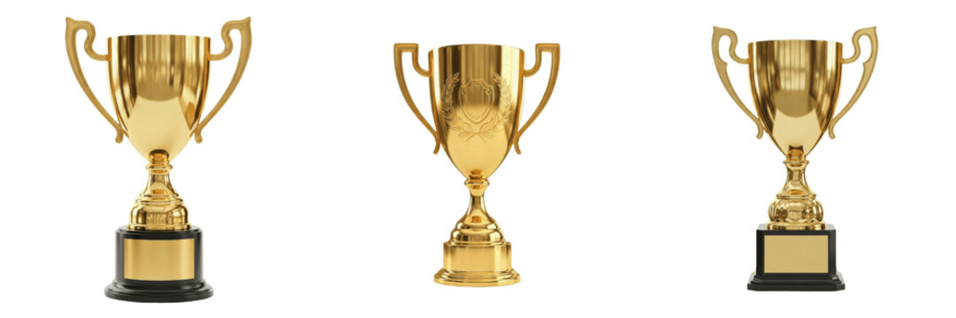 Set and collection of gold trophy cup award isolated on white transparent png background