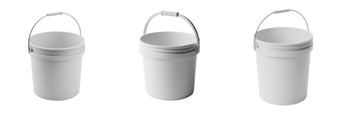 Set and collection of white plastic bucket isolated on white transparent png background