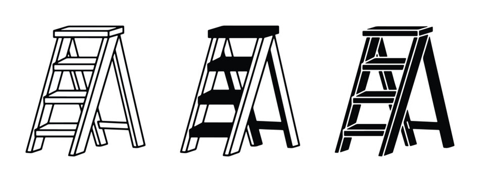 Minimalist stepladder vector icons set, black and white folding step ladder illustrations, industrial hardware equipment symbols for home improvement