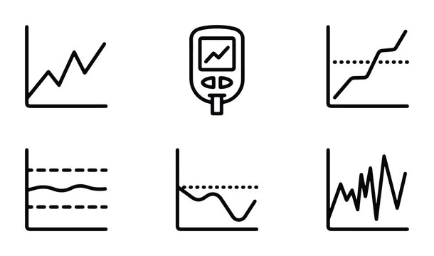 Medical glucose monitoring icons set, diabetes blood sugar level line graphs, digital glucometer device and health data charts vector collection