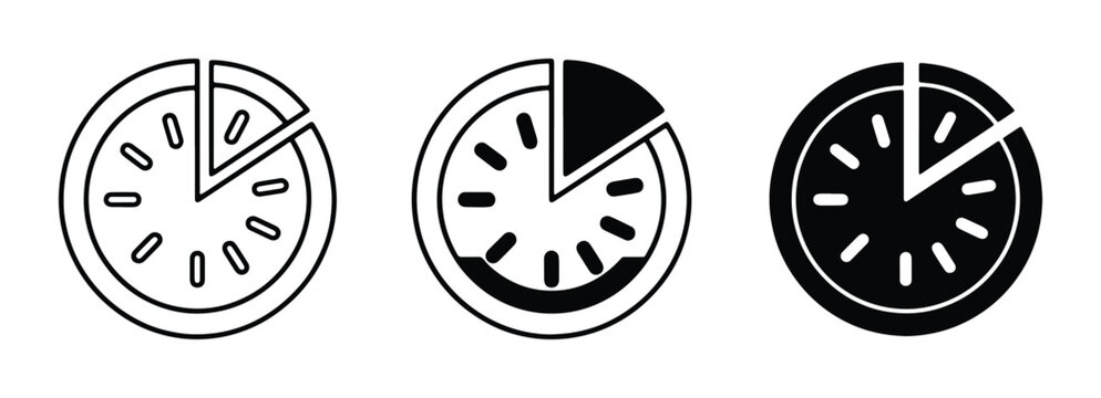 Minimalist pizza slice icon set, black and white food delivery vector symbols, simple line art and solid silhouette pizza graphic elements for menu design