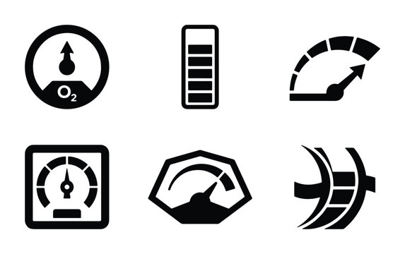 Industrial gauge icons set, black dashboard meter vector elements, oxygen sensor and battery level indicators, automotive speedometer symbols