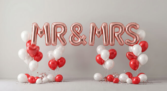 Elegant wedding celebration background featuring red foil balloons forming MR MRS text.