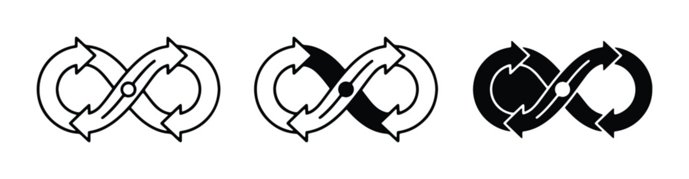 Infinity arrow loop icons set, circular recycle process symbols, black and white mobius strip vector elements for sustainable business branding