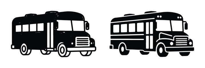 Black school bus vector icons, minimalist school bus silhouettes, set of two educational transport symbols, flat design student shuttle graphics © Foysal