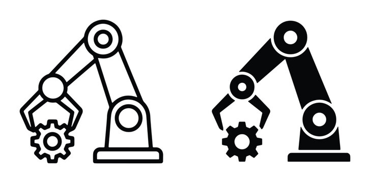 Industrial robotic arm icons, automated factory machine vector set, mechanical manipulator holding gear, black and white manufacturing technology symbols