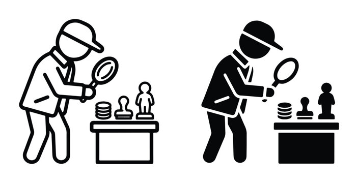 Collector examining antique items with magnifying glass, hobbyist appraising vintage coins and figurines, black and white vector icons
