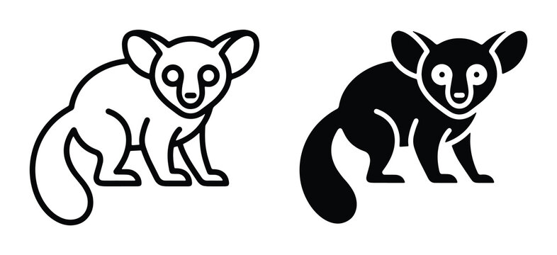 Minimalist lemur icon set, stylized primate vector illustrations, black and white bush baby animal silhouettes for logo design and web graphics