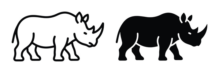 Minimalist rhinoceros vector icons, black silhouette and outline rhino symbols, wild african animal graphics for logo design and branding © Promi