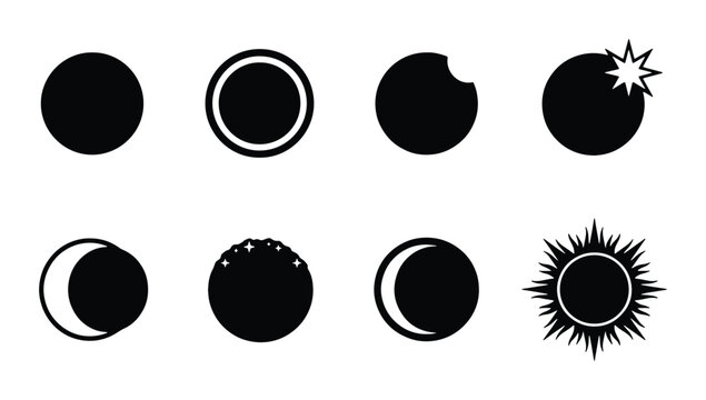 Minimalist solar eclipse vector icons, black celestial moon phases set, 8 astronomical sun and moon symbols for science education and logo design